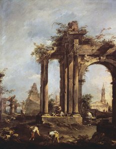 Capriccio med romerske ruiner, en pyramide og figurer, 1760-70
